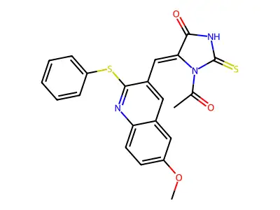 (5Z)-1-acetyl-5-[(6-methoxy-2-phenylsulfanylquinolin-3-yl)methylidene]-2-sulfanylideneimidazolidin-4-one structure