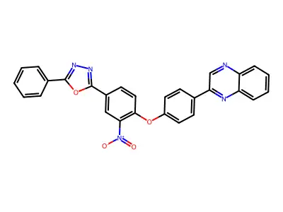 2-[3-Nitro-4-(4-quinoxalin-2-ylphenoxy)phenyl]-5-phenyl-1,3,4-oxadiazole structure