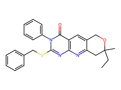 2-(benzylsulfanyl)-8-ethyl-8-methyl-3-phenyl-3,6,8,9-tetrahydro-4H-pyrano[3',4':5,6]pyrido[2,3-d]pyrimidin-4-one structure
