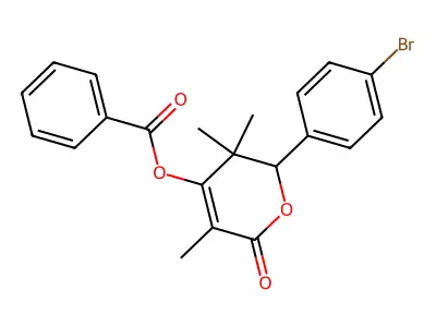 2-(4-bromophenyl)-3,3,5-trimethyl-6-oxo-3,6-dihydro-2H-pyran-4-yl benzoate structure
