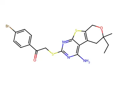 2-((4-amino-6-ethyl-6-methyl-6,8-dihydro-5H-pyrano[4',3':4,5]thieno[2,3-d]pyrimidin-2-yl)thio)-1-(4-bromophenyl)ethanone structure