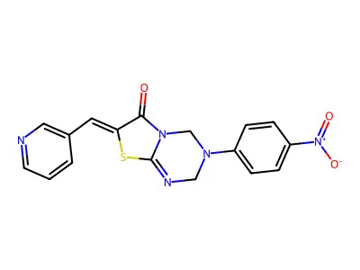 (7Z)-3-(4-nitrophenyl)-7-(pyridin-3-ylmethylidene)-2,4-dihydro-[1,3]thiazolo[3,2-a][1,3,5]triazin-6-one structure