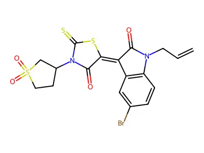 (5Z)-5-(5-bromo-2-oxo-1-prop-2-enylindol-3-ylidene)-3-(1,1-dioxothiolan-3-yl)-2-sulfanylidene-1,3-thiazolidin-4-one structure