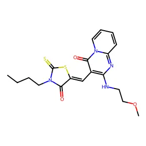 (Z)-3-butyl-5-((2-((2-methoxyethyl)amino)-4-oxo-4H-pyrido[1,2-a]pyrimidin-3-yl)methylene)-2-thioxothiazolidin-4-one structure