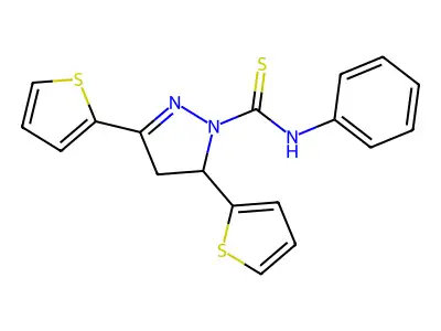 N-phenyl-3,5-dithiophen-2-yl-3,4-dihydropyrazole-2-carbothioamide structure