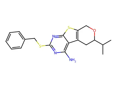 2-(benzylsulfanyl)-6-(propan-2-yl)-5,8-dihydro-6H-pyrano[4',3':4,5]thieno[2,3-d]pyrimidin-4-amine structure