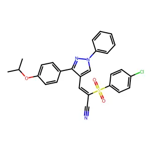(E)-2-((4-chlorophenyl)sulfonyl)-3-(3-(4-isopropoxyphenyl)-1-phenyl-1H-pyrazol-4-yl)acrylonitrile structure