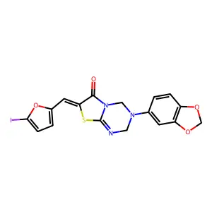 (7Z)-3-(1,3-benzodioxol-5-yl)-7-[(5-iodofuran-2-yl)methylidene]-2,4-dihydro-[1,3]thiazolo[3,2-a][1,3,5]triazin-6-one structure