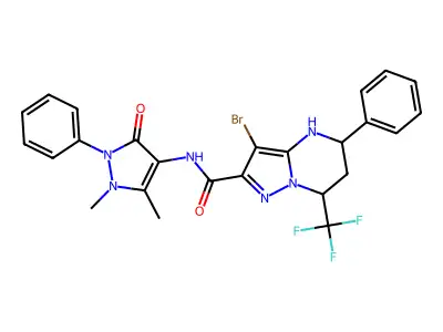 3-bromo-N-(1,5-dimethyl-3-oxo-2-phenyl-2,3-dihydro-1H-pyrazol-4-yl)-5-phenyl-7-(trifluoromethyl)-4,5,6,7-tetrahydropyrazolo[1,5-a]pyrimidine-2-carboxamide structure