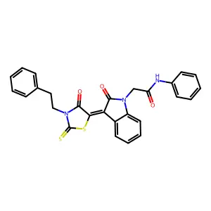 2-{(3Z)-2-oxo-3-[4-oxo-3-(2-phenylethyl)-2-thioxo-1,3-thiazolidin-5-ylidene]-2,3-dihydro-1H-indol-1-yl}-N-phenylacetamide structure