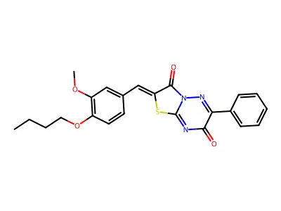 (Z)-2-(4-butoxy-3-methoxybenzylidene)-6-phenyl-2H-thiazolo[3,2-b][1,2,4]triazine-3,7-dione structure