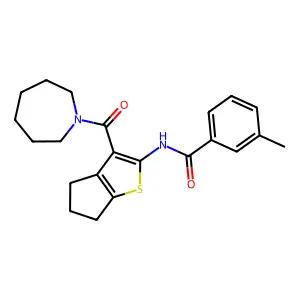 N-[3-(azepane-1-carbonyl)-5,6-dihydro-4H-cyclopenta[b]thiophen-2-yl]-3-methylbenzamide structure