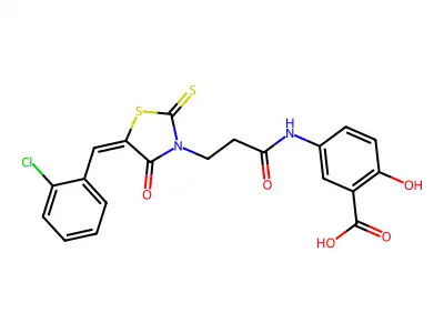 (E)-5-(3-(5-(2-chlorobenzylidene)-4-oxo-2-thioxothiazolidin-3-yl)propanamido)-2-hydroxybenzoic acid structure