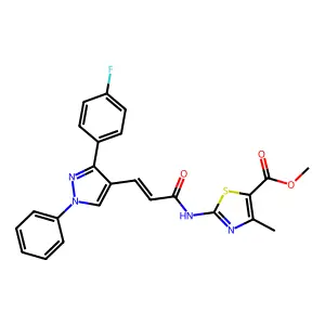 (E)-methyl 2-(3-(3-(4-fluorophenyl)-1-phenyl-1H-pyrazol-4-yl)acrylamido)-4-methylthiazole-5-carboxylate structure