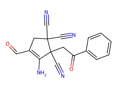 3-Amino-4-formyl-2-(2-oxo-2-phenylethyl)cyclopent-3-ene-1,1,2-tricarbonitrile structure
