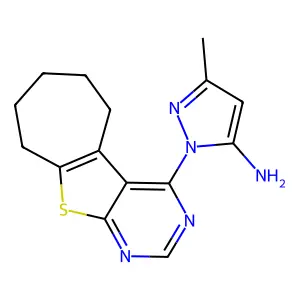 3-methyl-1-(6,7,8,9-tetrahydro-5H-cyclohepta[4,5]thieno[2,3-d]pyrimidin-4-yl)-1H-pyrazol-5-amine structure