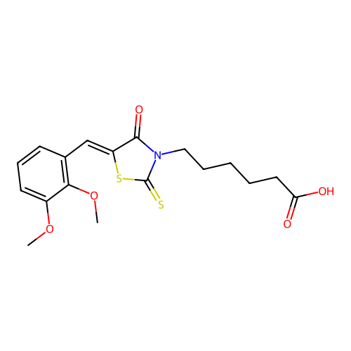 (Z)-6-(5-(2,3-dimethoxybenzylidene)-4-oxo-2-thioxothiazolidin-3-yl)hexanoic acid structure