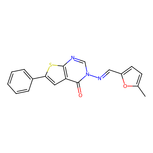 3-{[(5-methyl-2-furyl)methylene]amino}-6-phenylthieno[2,3-d]pyrimidin-4(3H)-one structure
