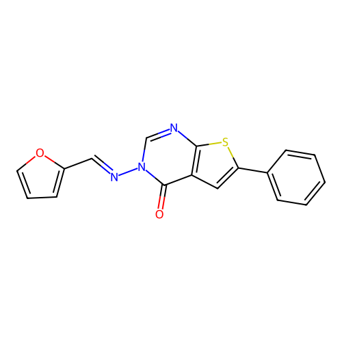3-[(E)-furan-2-ylmethylideneamino]-6-phenylthieno[2,3-d]pyrimidin-4-one structure