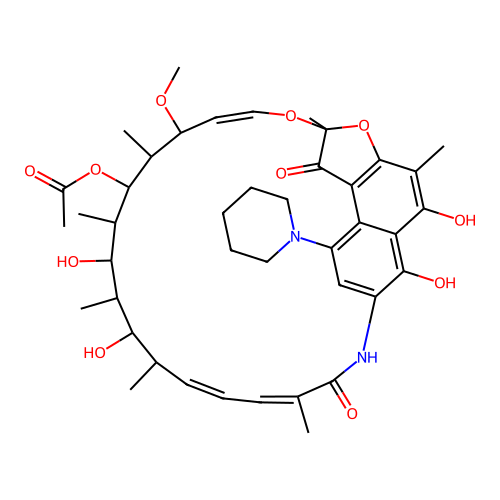 (12Z,14Z,24Z)-5,6,17,19-Tetrahydroxy-23-methoxy-2,4,12,16,18,20,22-heptamethyl-1,11-dioxo-9-(piperidin-1-yl)-1,2-dihydro-2,7-(epoxypentadeca[1,11,13]trienoimino)naphtho[2,1-b]furan-21-yl acetate structure