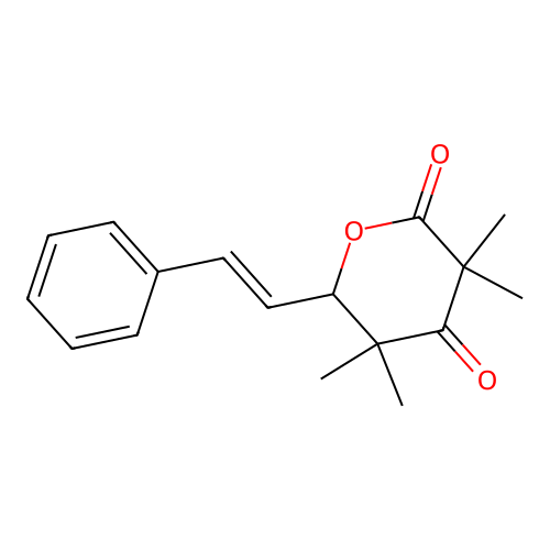 (E)-3,3,5,5-tetramethyl-6-styryldihydro-2H-pyran-2,4(3H)-dione structure