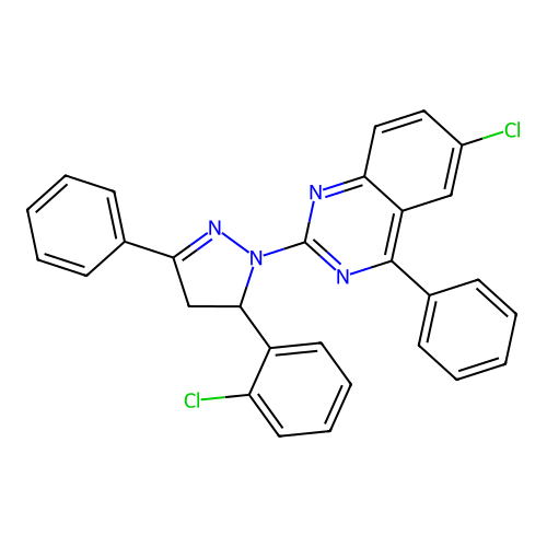 6-chloro-2-(5-(2-chlorophenyl)-3-phenyl-4,5-dihydro-1H-pyrazol-1-yl)-4-phenylquinazoline structure