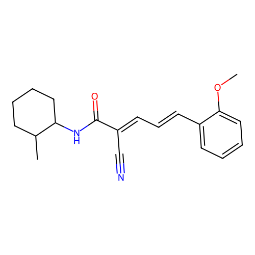 2-cyano-5-(2-methoxyphenyl)-N-(2-methylcyclohexyl)penta-2,4-dienamide structure