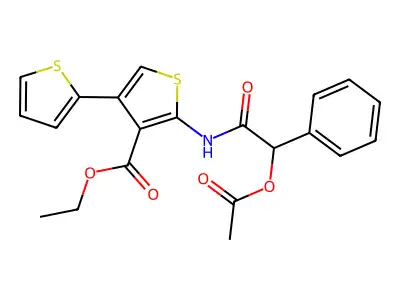 {N-[3-(ethoxycarbonyl)-4-(2-thienyl)(2-thienyl)]carbamoyl}phenylmethyl acetate structure