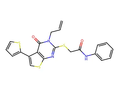 2-(4-oxo-3-prop-2-enyl-5-(2-thienyl)(3-hydrothiopheno[2,3-d]pyrimidin-2-ylthio))-N-phenylacetamide structure