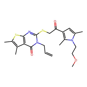 2-({2-[1-(2-methoxyethyl)-2,5-dimethyl-1H-pyrrol-3-yl]-2-oxoethyl}sulfanyl)-5,6-dimethyl-3-(prop-2-en-1-yl)-3H,4H-thieno[2,3-d]pyrimidin-4-one structure