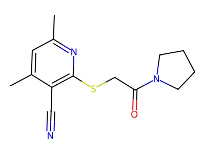 4,6-Dimethyl-2-((2-oxo-2-(pyrrolidin-1-yl)ethyl)thio)nicotinonitrile structure
