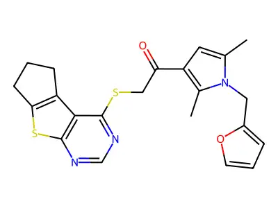 2-(6,7-dihydro-5H-cyclopenta[4,5]thieno[2,3-d]pyrimidin-4-ylthio)-1-[1-(2-furylmethyl)-2,5-dimethyl-1H-pyrrol-3-yl]ethanone structure