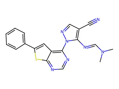 (E)-N'-(4-cyano-1-{6-phenylthieno[2,3-d]pyrimidin-4-yl}-1H-pyrazol-5-yl)-N,N-dimethylmethanimidamide structure