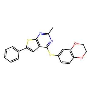 4-(2,3-dihydro-1,4-benzodioxin-6-ylsulfanyl)-2-methyl-6-phenylthieno[2,3-d]pyrimidine structure