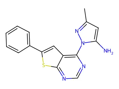 3-methyl-1-{6-phenylthieno[2,3-d]pyrimidin-4-yl}-1H-pyrazol-5-amine structure