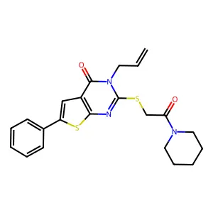 2-(2-oxo-2-piperidin-1-ylethyl)sulfanyl-6-phenyl-3-prop-2-enylthieno[2,3-d]pyrimidin-4-one structure