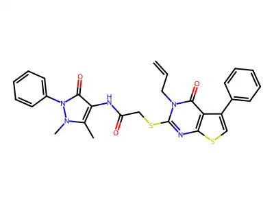 N-(1,5-dimethyl-3-oxo-2-phenylpyrazol-4-yl)-2-(4-oxo-5-phenyl-3-prop-2-enylthieno[2,3-d]pyrimidin-2-yl)sulfanylacetamide structure