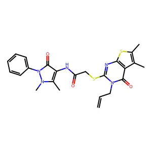 N-(1,5-dimethyl-3-oxo-2-phenylpyrazol-4-yl)-2-(5,6-dimethyl-4-oxo-3-prop-2-enylthieno[2,3-d]pyrimidin-2-yl)sulfanylacetamide structure