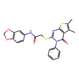 N-(1,3-benzodioxol-5-yl)-2-[(5,6-dimethyl-4-oxo-3-phenyl-3,4-dihydrothieno[2,3-d]pyrimidin-2-yl)sulfanyl]acetamide structure