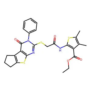 ethyl 4,5-dimethyl-2-[2-(4-oxo-3-phenyl(3,5,6,7-tetrahydrocyclopenta[2,1-d]pyr imidino[4,5-b]thiophen-2-ylthio))acetylamino]thiophene-3-carboxylate structure