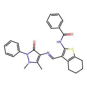 N-(3-{[(1,5-dimethyl-3-oxo-2-phenyl-2,3-dihydro-1H-pyrazol-4-yl)imino]methyl}-4,5,6,7-tetrahydro-1-benzothiophen-2-yl)benzamide structure