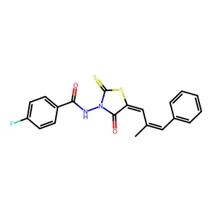 4-fluoro-N-((Z)-5-((E)-2-methyl-3-phenylallylidene)-4-oxo-2-thioxothiazolidin-3-yl)benzamide structure