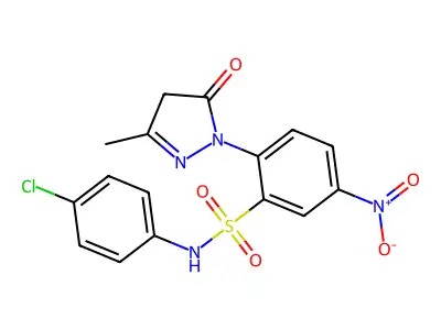 N-(4-chlorophenyl)-2-(3-methyl-5-oxo-4,5-dihydro-1H-pyrazol-1-yl)-5-nitrobenzene-1-sulfonamide structure