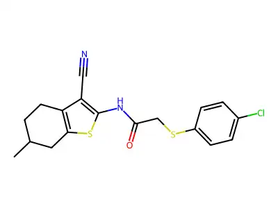 2-[(4-chlorophenyl)sulfanyl]-N-(3-cyano-6-methyl-4,5,6,7-tetrahydro-1-benzothien-2-yl)acetamide structure