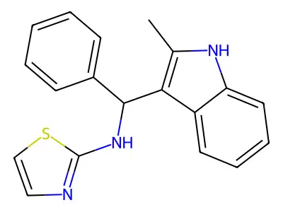 N-[(2-methyl-1H-indol-3-yl)(phenyl)methyl]-1,3-thiazol-2-amine structure