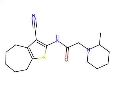 N-(3-cyano-5,6,7,8-tetrahydro-4H-cyclohepta[b]thiophen-2-yl)-2-(2-methylpiperidin-1-yl)acetamide structure