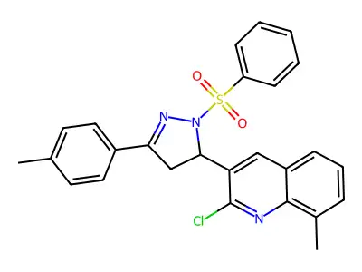 3-[1-(benzenesulfonyl)-3-(4-methylphenyl)-4,5-dihydro-1H-pyrazol-5-yl]-2-chloro-8-methylquinoline structure
