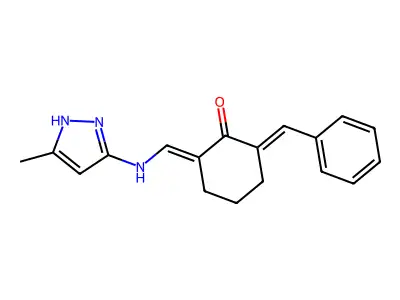 2-benzylidene-6-[[(5-methyl-1H-pyrazol-3-yl)amino]methylidene]cyclohexan-1-one structure