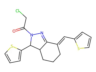 2-Chloro-1-(3-(thiophen-2-yl)-7-(thiophen-2-ylmethylene)-3,3a,4,5,6,7-hexahydro-2h-indazol-2-yl)ethan-1-one structure