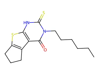5-Hexyl-6-mercapto-1,2,3,5-tetrahydro-8-thia-5,7-diaza-cyclopenta[a]inden-4-one structure